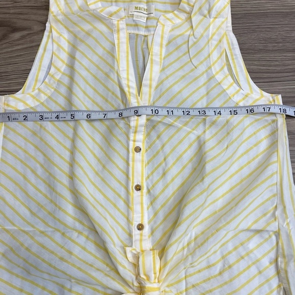 Maeve Butter Yellow & White Striped Button Up Tie Waist Sleeveless Blouse - Picture 6 of 9